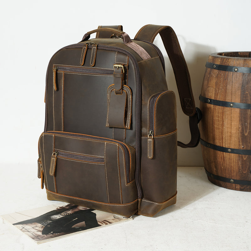 Polare Full Grain Leather 15.6 Inch Laptop Backpack Travel Daypack Rucksack (Scenario Shows)