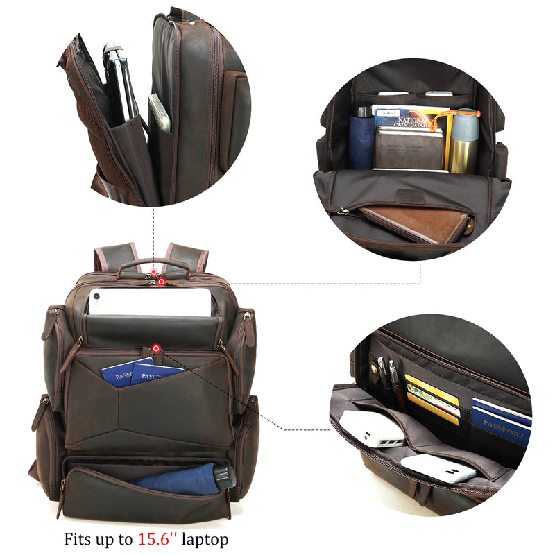 Full Grain Leather Men's Travel Laptop Camping Weekender Backpack (Inside)