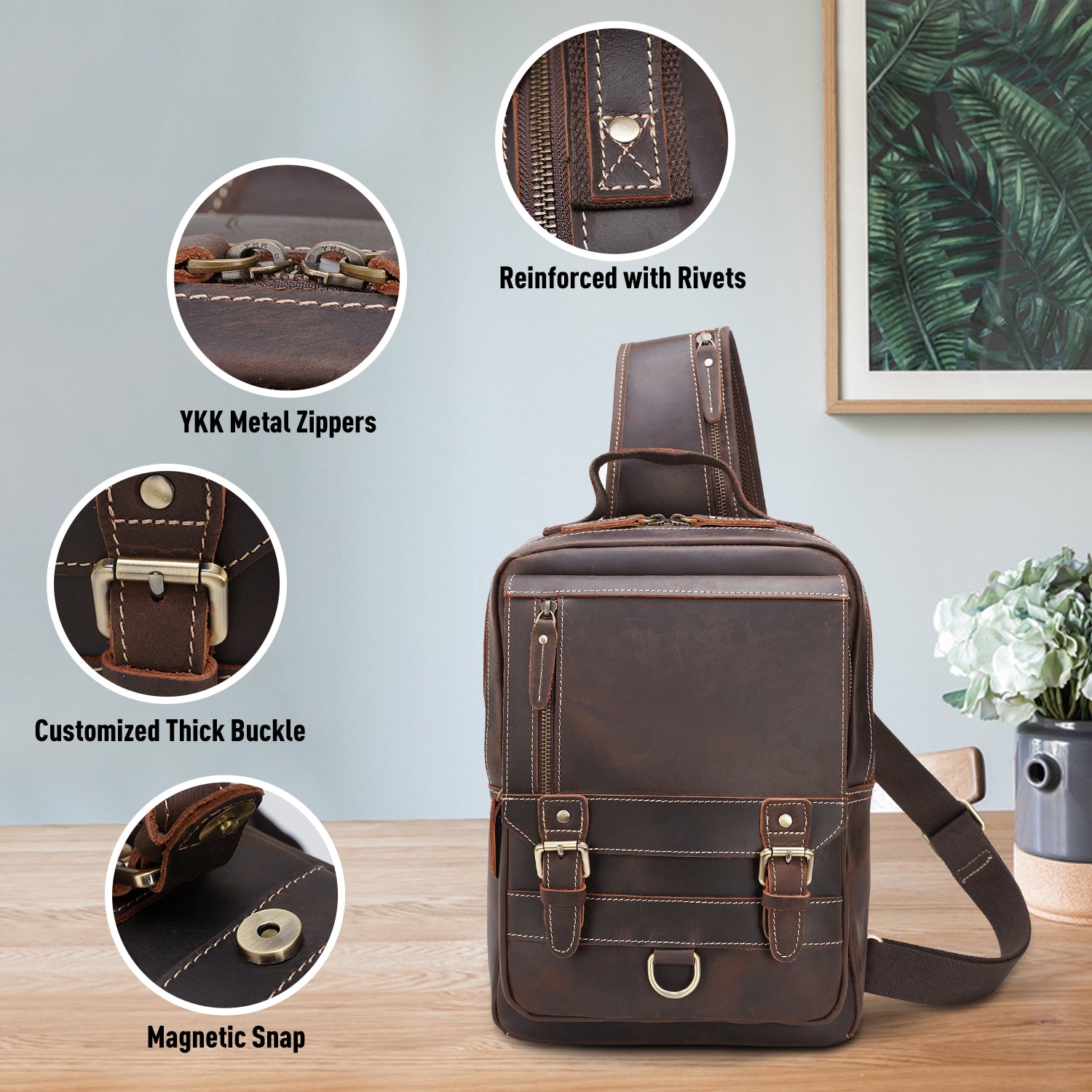 Polare Retro Full Grain Leather Shoulder Backpack Travel Rucksack Sling Bag (Details)