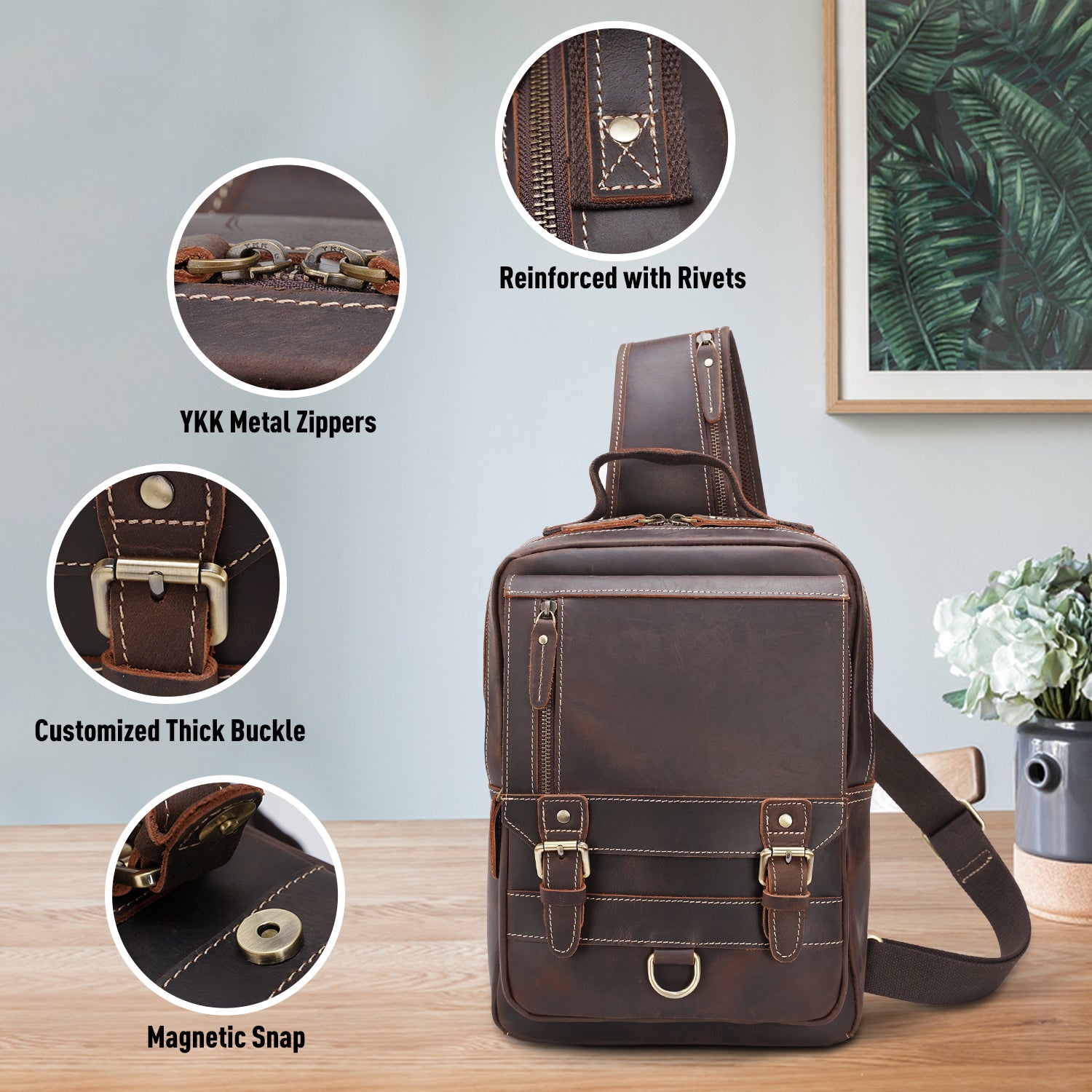 Polare Full Grain Leather Shoulder Backpack Travel Rucksack Sling Bag  Messenger Crossbody Bag Daypack