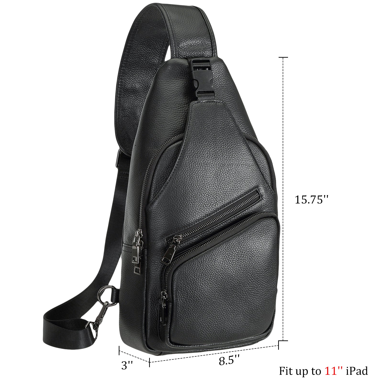 Polare Cowhide Leather Sling Bag Waterproof Crossbody Casual Daypack (Black,Dimension)