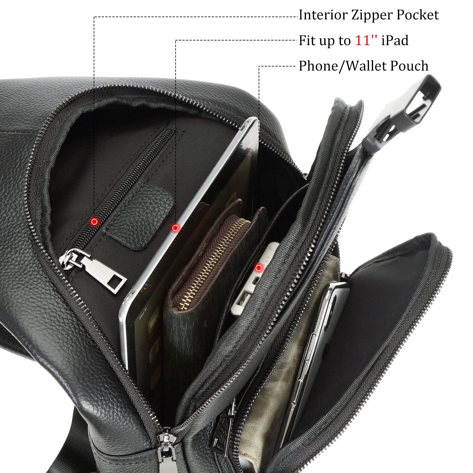 Polare Cowhide Leather Sling Bag Waterproof Crossbody Casual Daypack (Inside)