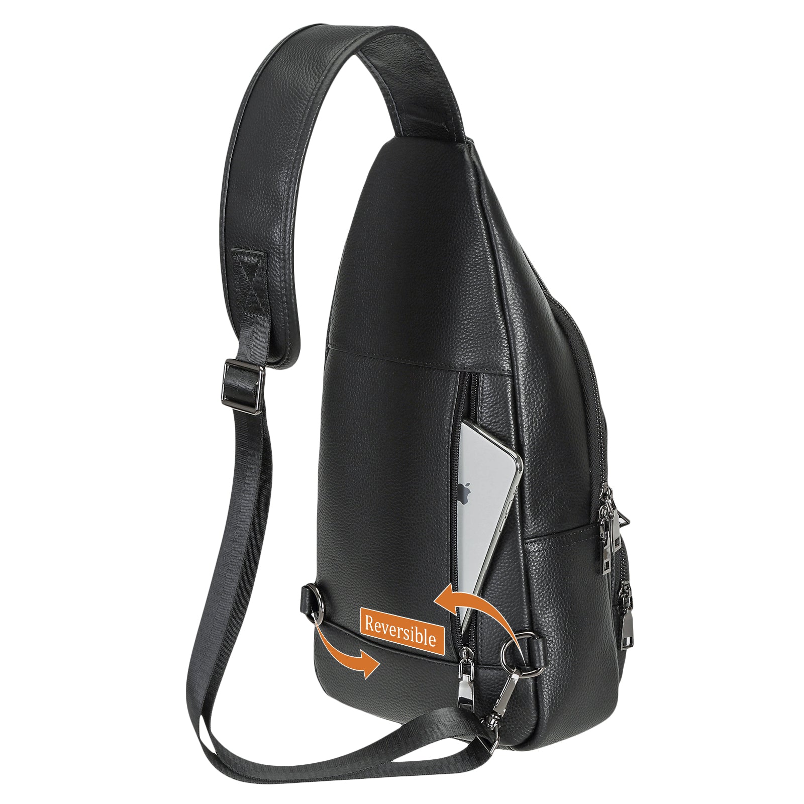 Polare Cowhide Leather Sling Bag Waterproof Crossbody Casual Daypack (Black,Back)
