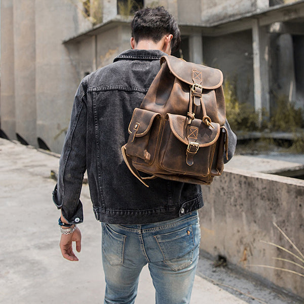 Polare Vintage Full Grain Leather Rucksack Backpack Casual Travel Satchel Bag Daypack for Men Women