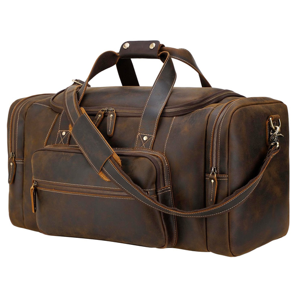 Polare 23" Full Grain Leather Gym Weekender Luggage Bag (Brown)