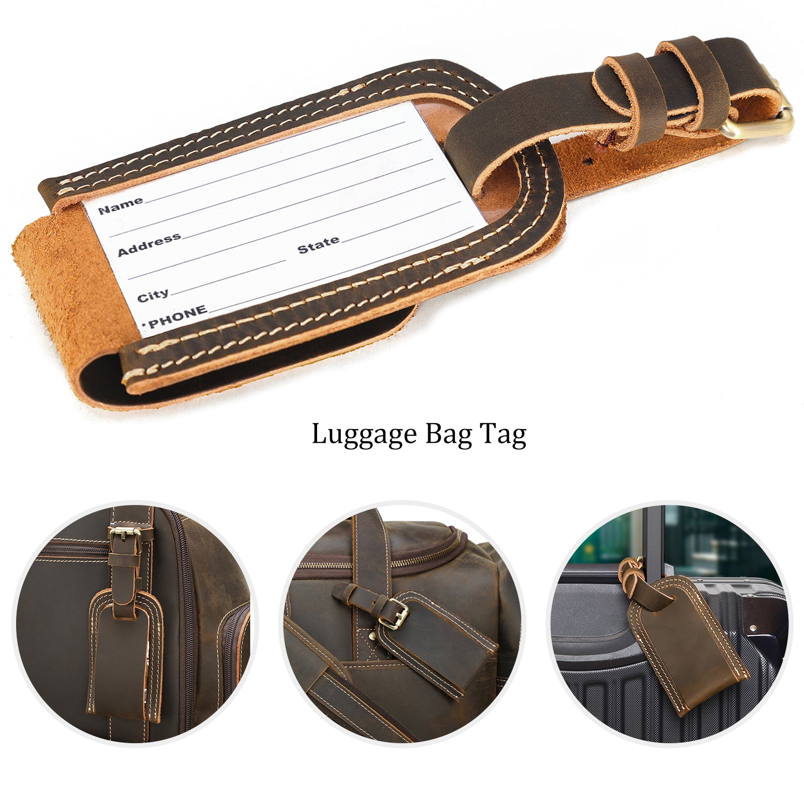 Polare Retro Feel Full Grain Leather Luggage Bag Tags for Suitcases Duffel Weekender Bag 1pc set