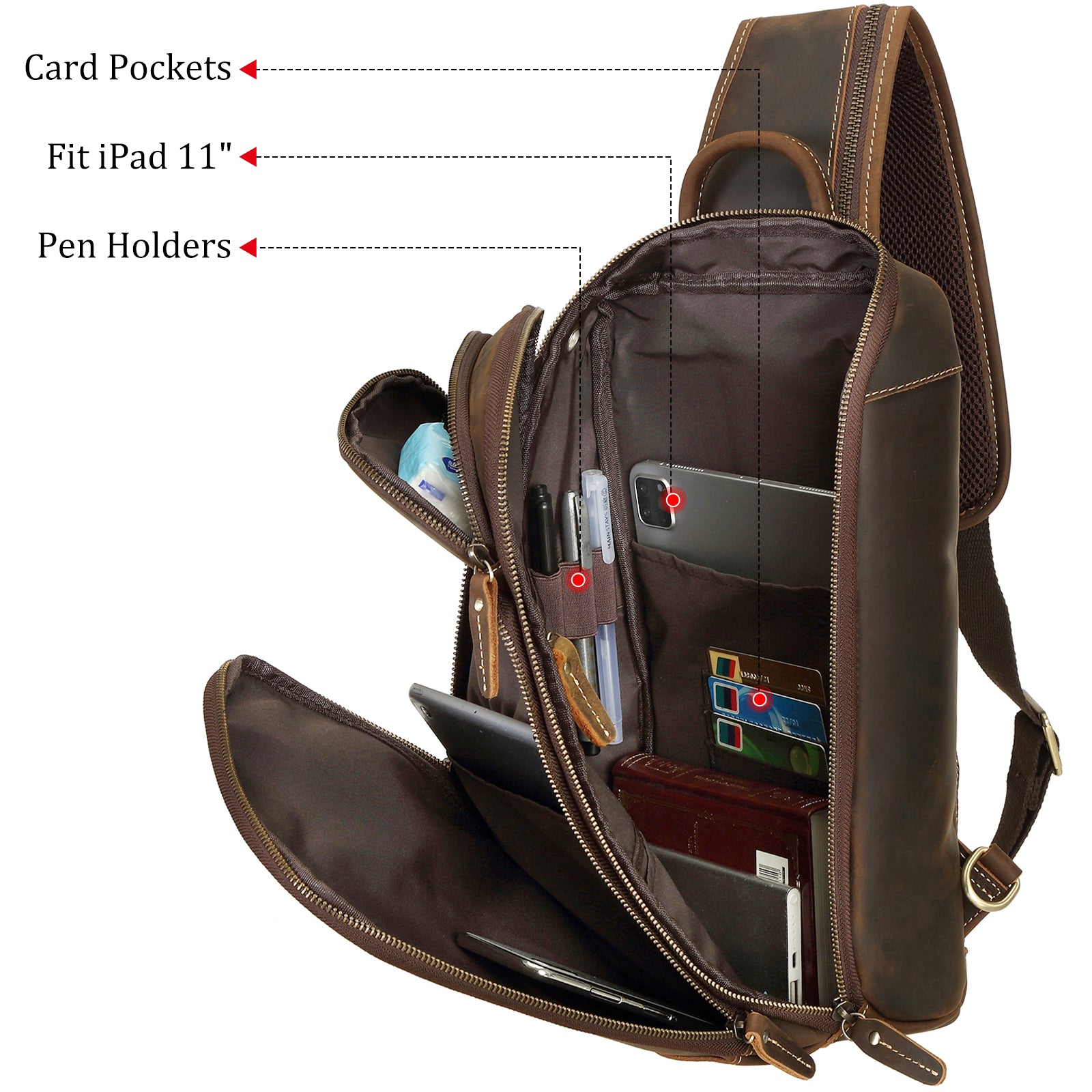 Polare Modern Style Sling Shoulder Bag Men’s Travel/Hiking Daypack (Inside)