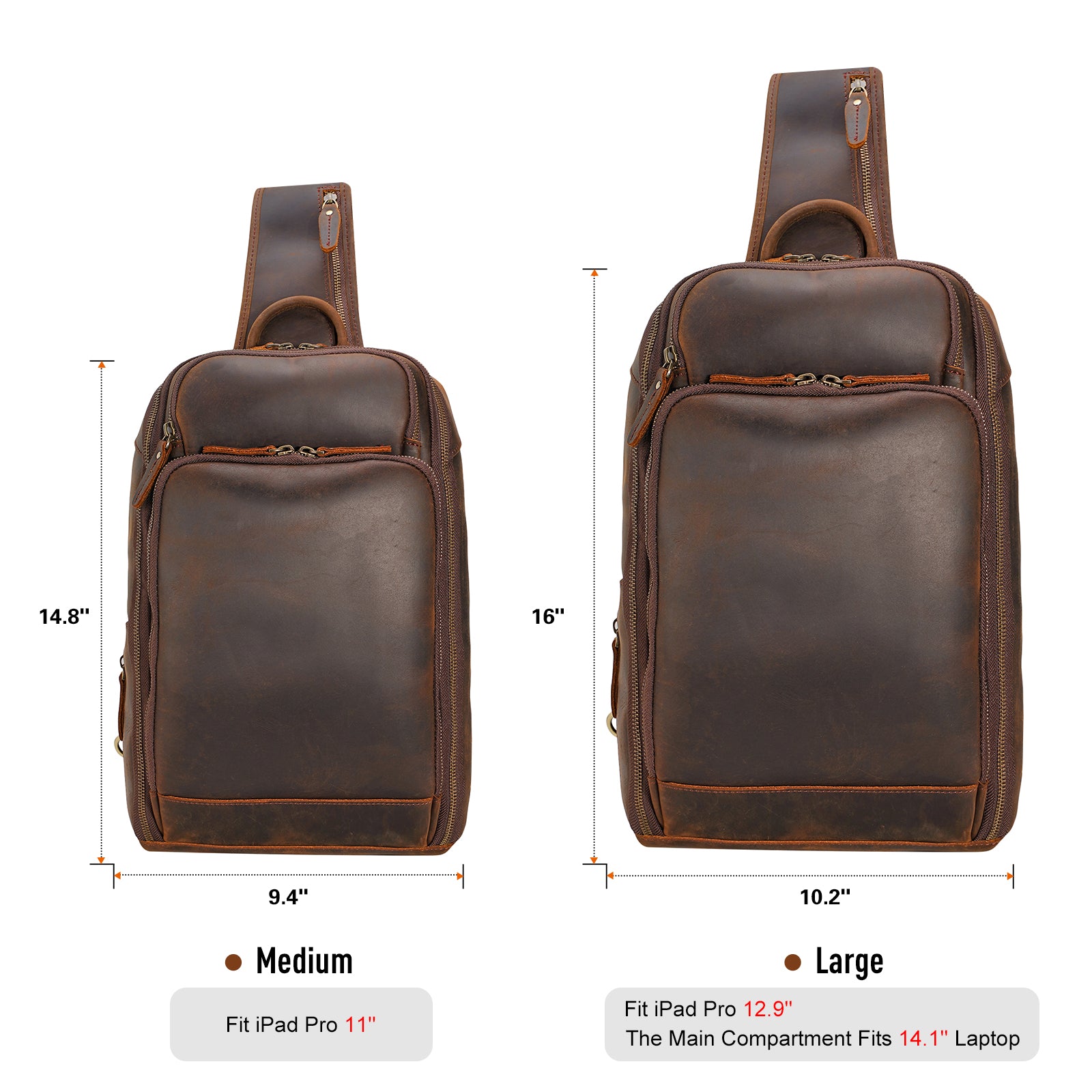 Polare Modern Style Leather Sling Shoulder Bag Travel/Hiking Daypack (Dimension)