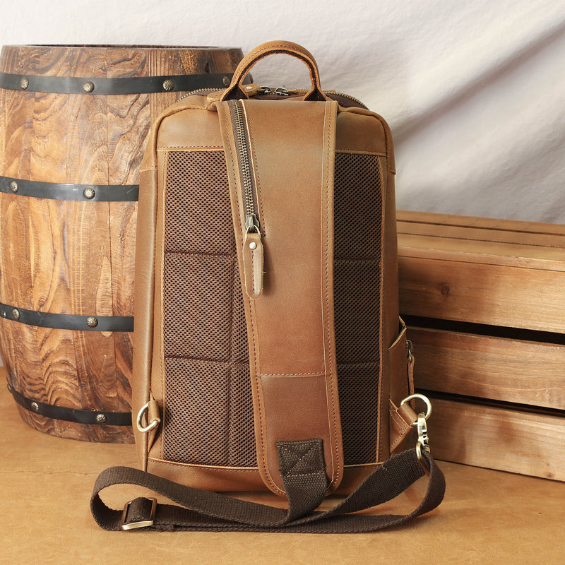 Polare Modern Style Sling Shoulder Bag Men’s Travel/Hiking Daypack (Brown,Back)