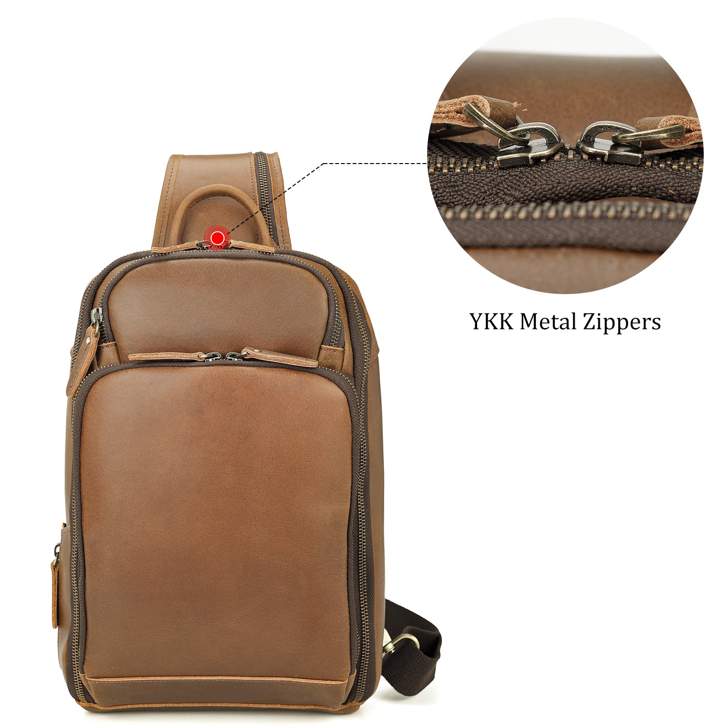 Polare Modern Style Sling Shoulder Bag Men’s Travel/Hiking Daypack (Brown,YKK Metal Zippers)