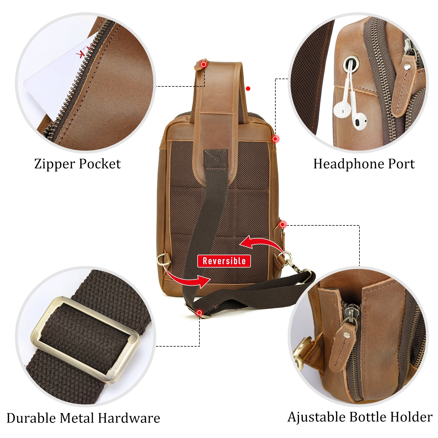 Polare Modern Style Sling Shoulder Bag Men’s Travel/Hiking Daypack (Brown,Details)