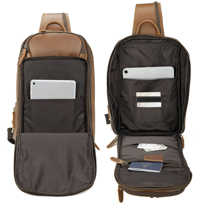 Polare Modern Style Sling Shoulder Bag Men’s Travel/Hiking Daypack (Brown,Inside)