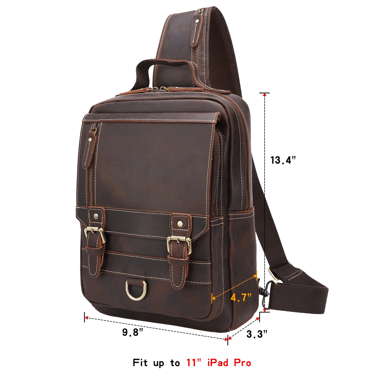Polare Retro Full Grain Leather Shoulder Backpack Travel Rucksack Sling Bag (Dimension)