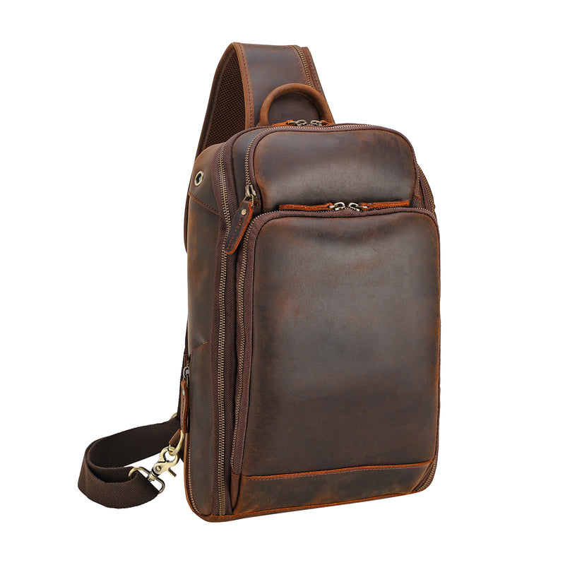 Polare Modern Style Leather Sling Shoulder Bag Travel/Hiking Daypack (Dark Brown)