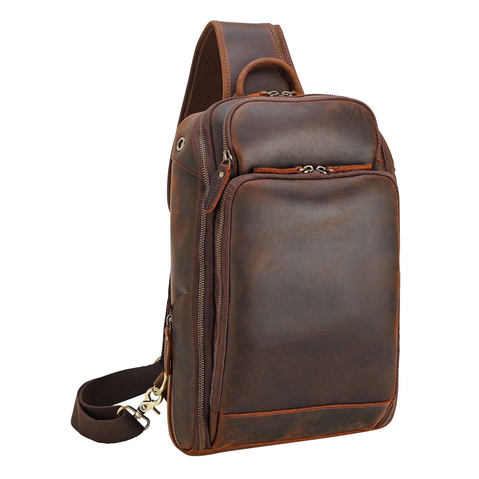 Polare Full Grain Leather Modern Style Sling Shoulder Bag Travel/Hiking Daypack (Dark Brown)