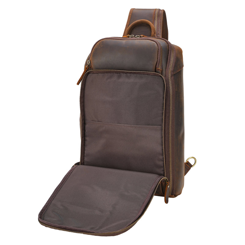Polare Modern Style Leather Sling Shoulder Bag Travel/Hiking Daypack (Front Pocket)