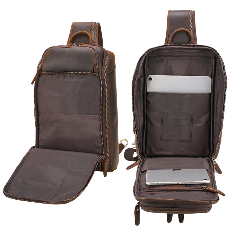 Polare Full Grain Leather Modern Style Sling Shoulder Bag Travel/Hiking Daypack (Dark Brown,Inside)