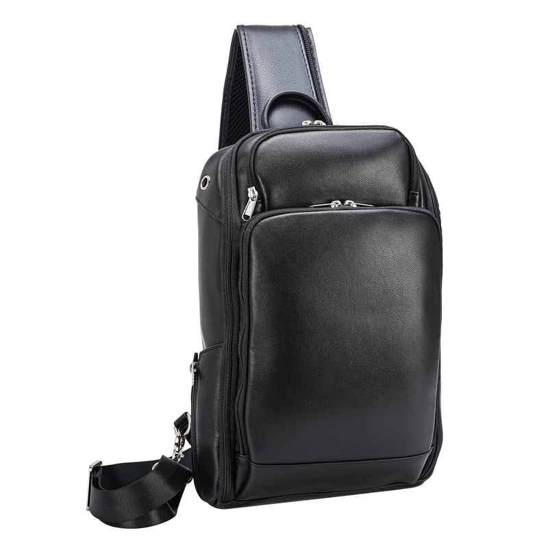 Polare Full Grain Leather Modern Style Sling Shoulder Bag Travel/Hiking Daypack (Black)