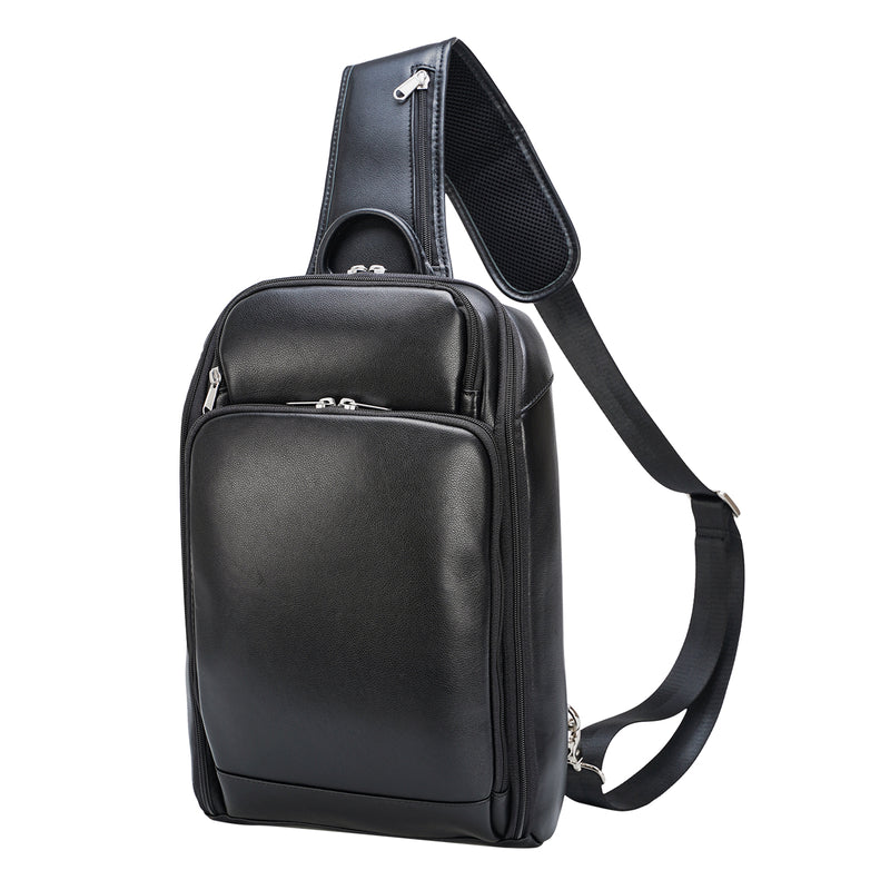 Polare Modern Style Leather Sling Shoulder Bag Travel/Hiking Daypack (Black)