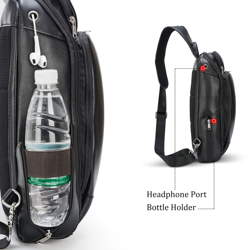 Polare Full Grain Leather Modern Style Sling Shoulder Bag Travel/Hiking Daypack (Black,Profile)