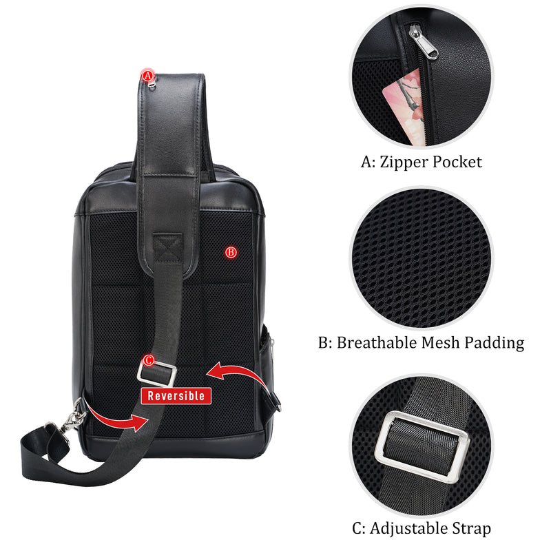 Polare Full Grain Leather Modern Style Sling Shoulder Bag Travel/Hiking Daypack (Black,Back)
