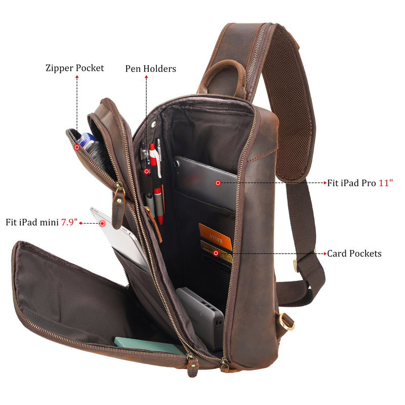 Polare Modern Style Leather Sling Shoulder Bag Travel/Hiking Daypack (Dark Brown, Inside)