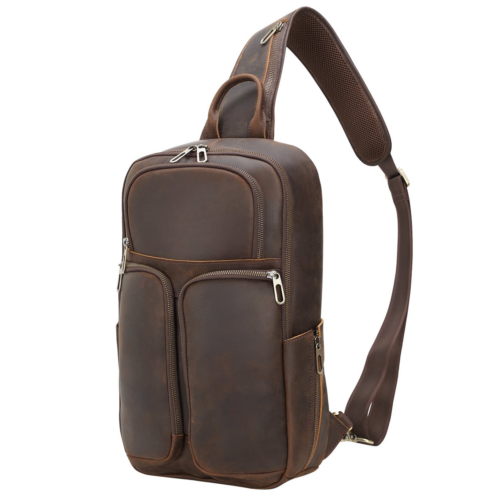 Polare Vintage Full Grain Leather Sling Bag for Men Multipurpose Daypack Shoulder Chest Crossbody Bag Travel Backpack Large Fits iPad Pro 12.9''
