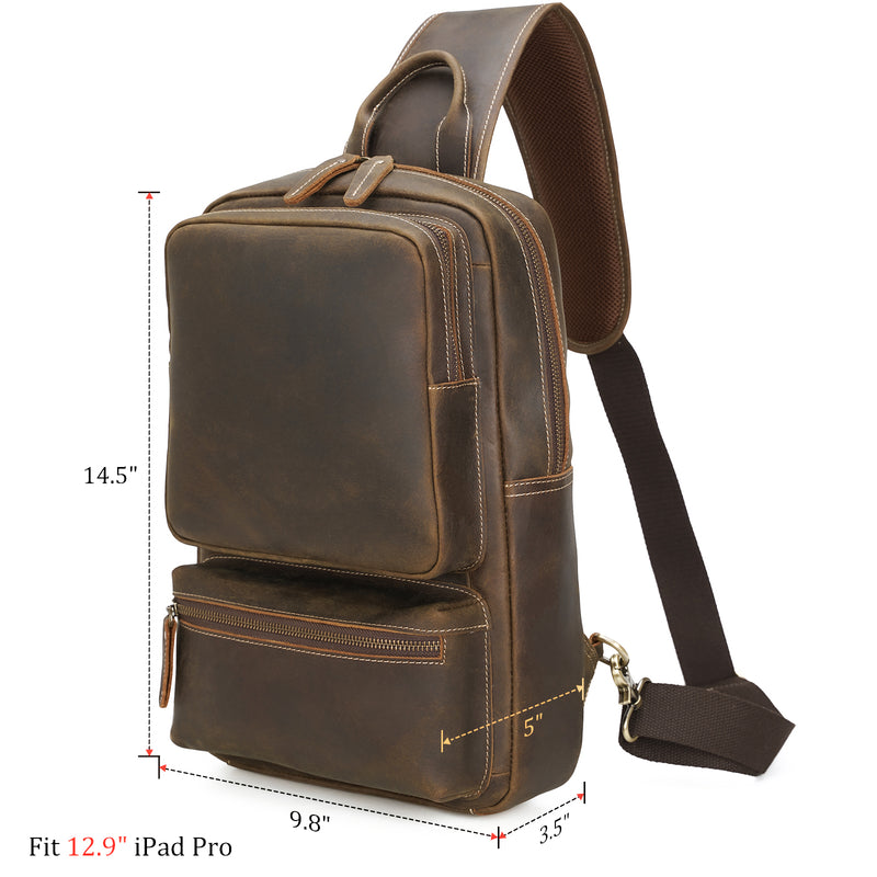 Full Grain Leather Sling Backpack Crossbody Travel Daypack (Dimension)