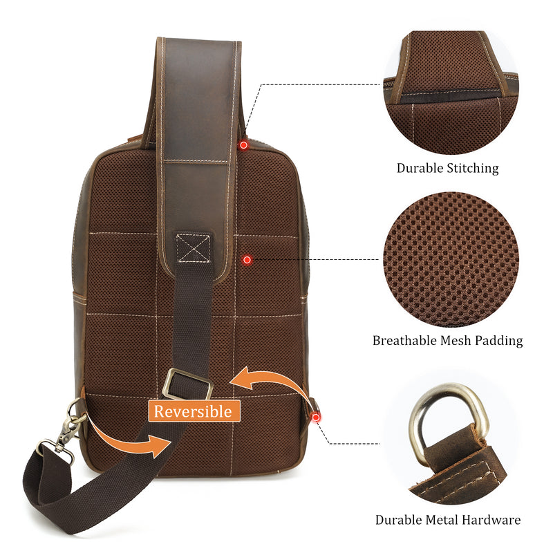 Full Grain Leather Sling Backpack Crossbody Travel Daypack (Back)