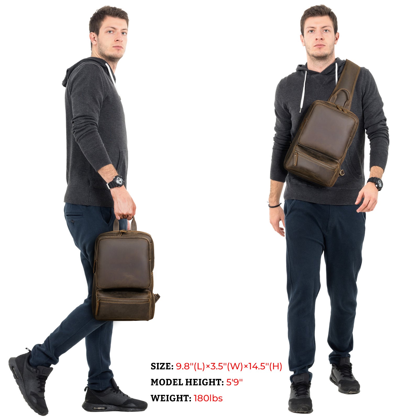 Full Grain Leather Sling Backpack Crossbody Travel Daypack (Model Display)
