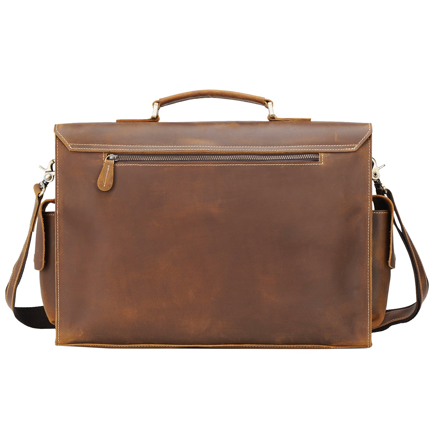 Polare Mens Leather Laptop Briefcase Business Messenger Bag (Light Brown, Back)