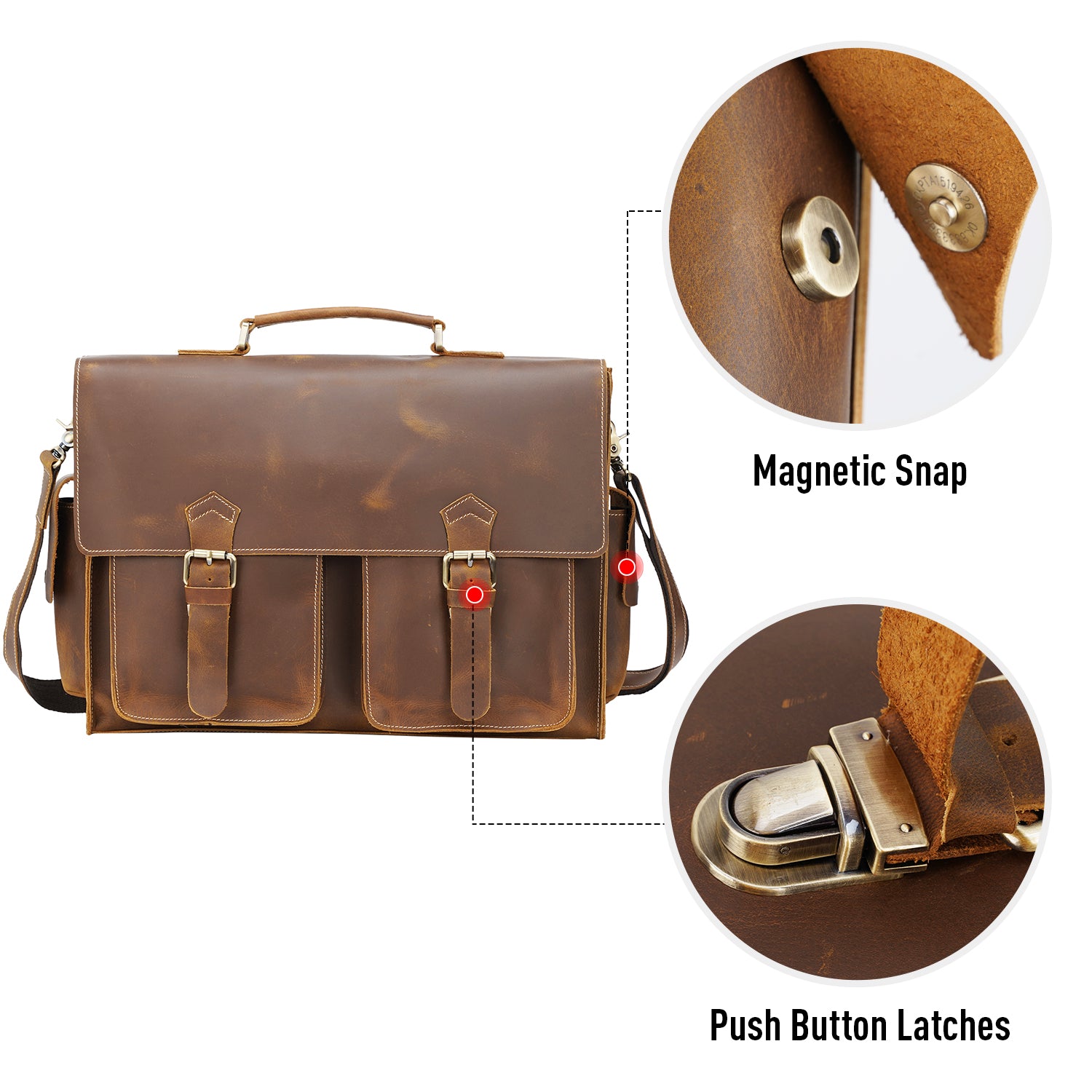 Polare Mens Leather Laptop Briefcase Business Messenger Bag (Light Brown, Hardware)