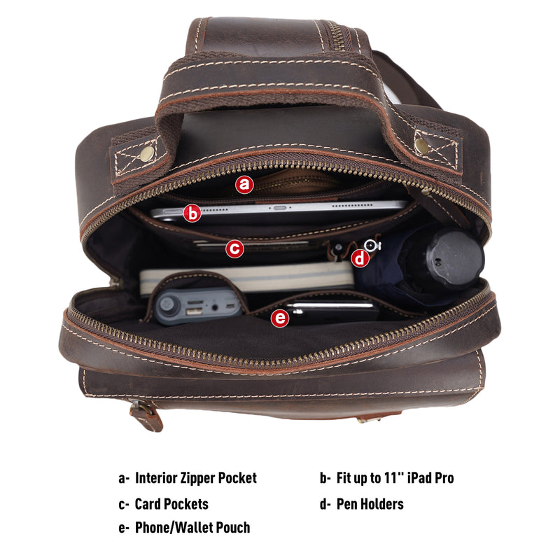 Polare Retro Full Grain Leather Shoulder Backpack Travel Rucksack Sling Bag (Inside)