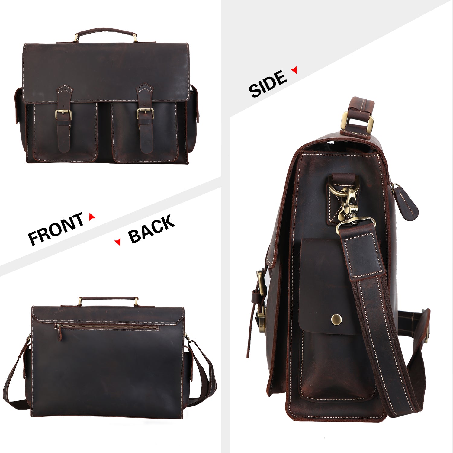 Polare Mens Leather Laptop Briefcase Business Messenger Bag (Dark Brown)