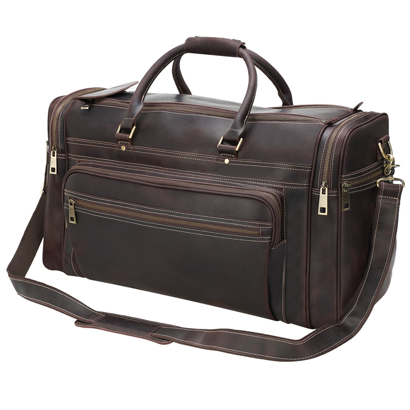 Polare 23.6" Retro Full Grain Leather Duffel Weekender Travel Bag (Dark Brown)