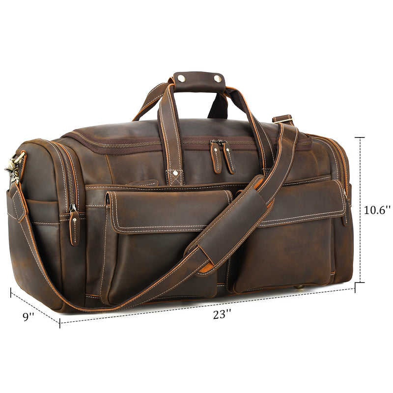 Polare 22.8" Duffel Retro Leather Gym Weekender Bag (Brown, Dimension)
