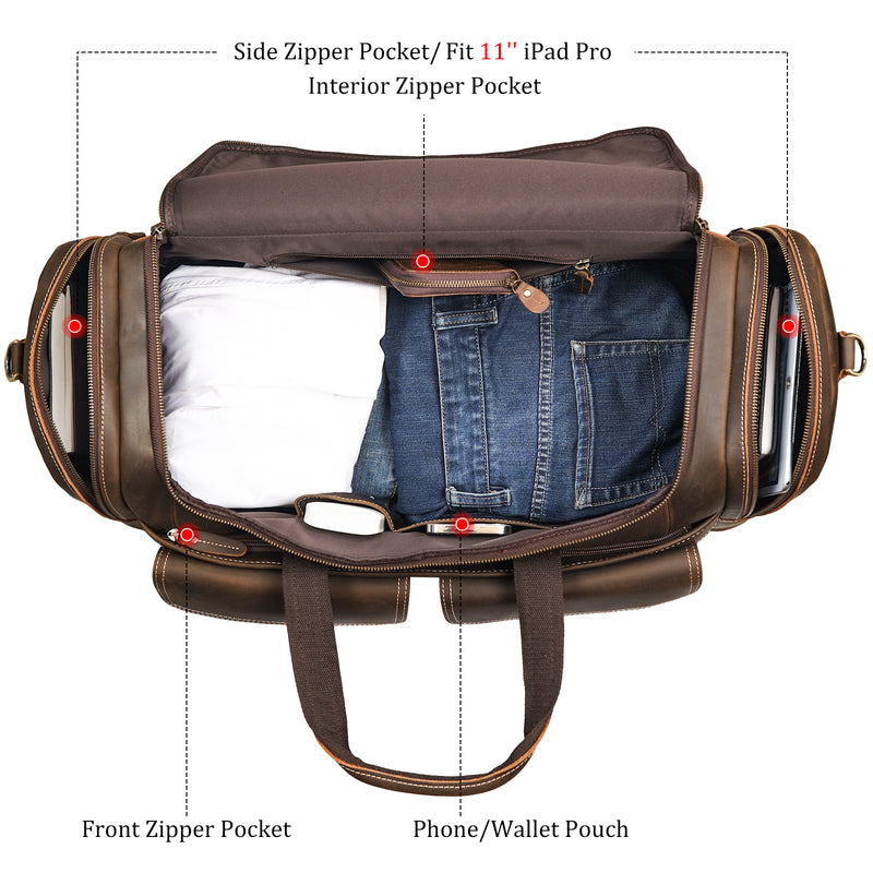 Polare 22.8" Duffel Retro Leather Gym Weekender Bag (Brown, Inside)