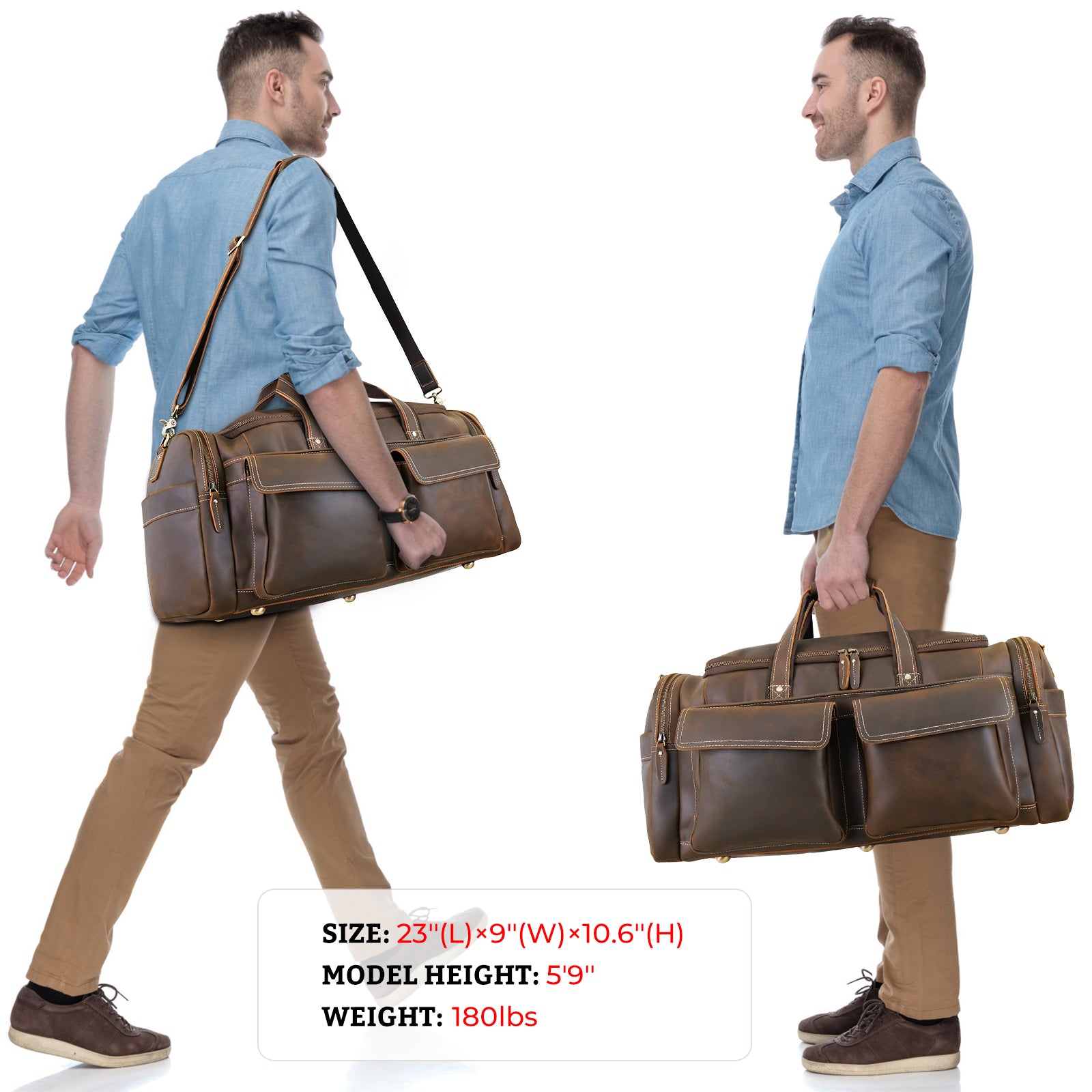 Polare 22.8" Duffel Retro Leather Gym Weekender Bag (Brown, Model Display)