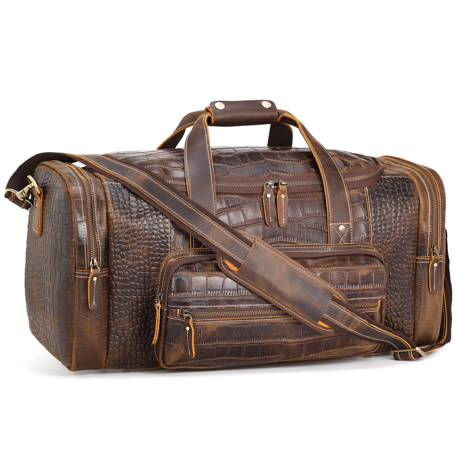 Polare 23" Full Grain Leather Gym Weekender Luggage Bag (Crocodile Dark Brown)