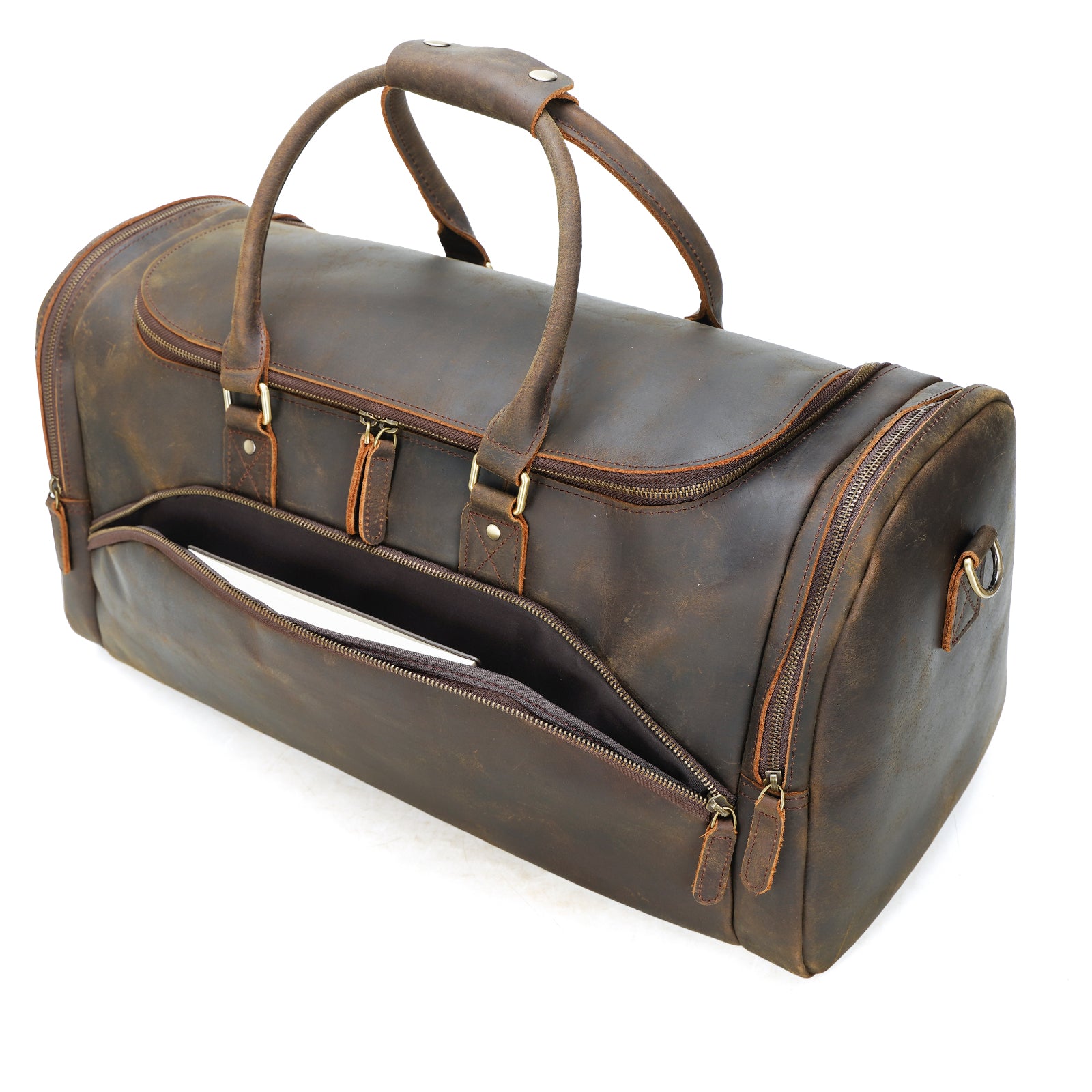 Polare 23" Full Grain Leather Vintage Duffle Weekender Overnight Travel Bag (Top)