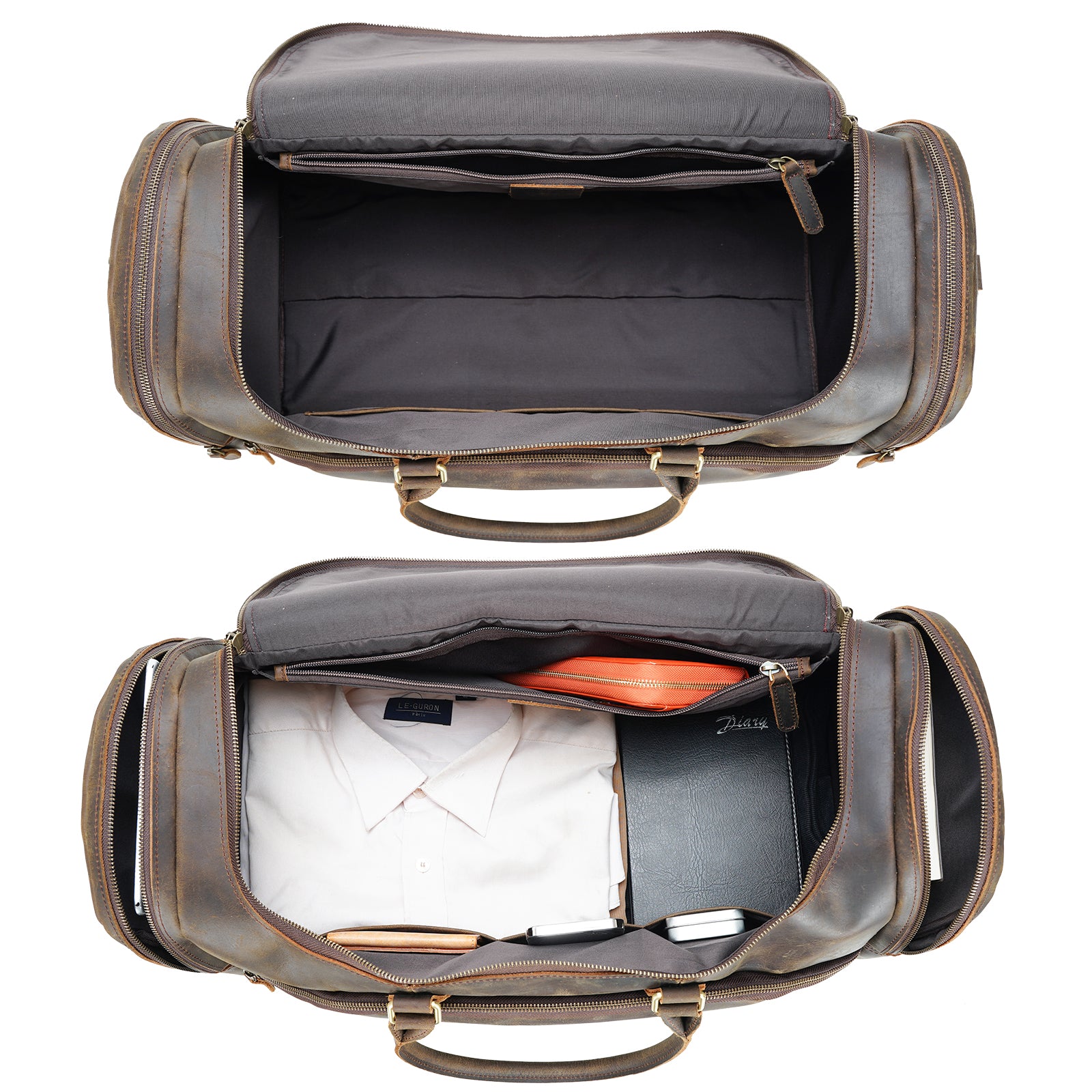 Polare 23" Full Grain Leather Vintage Duffle Weekender Overnight Travel Bag (Inside)