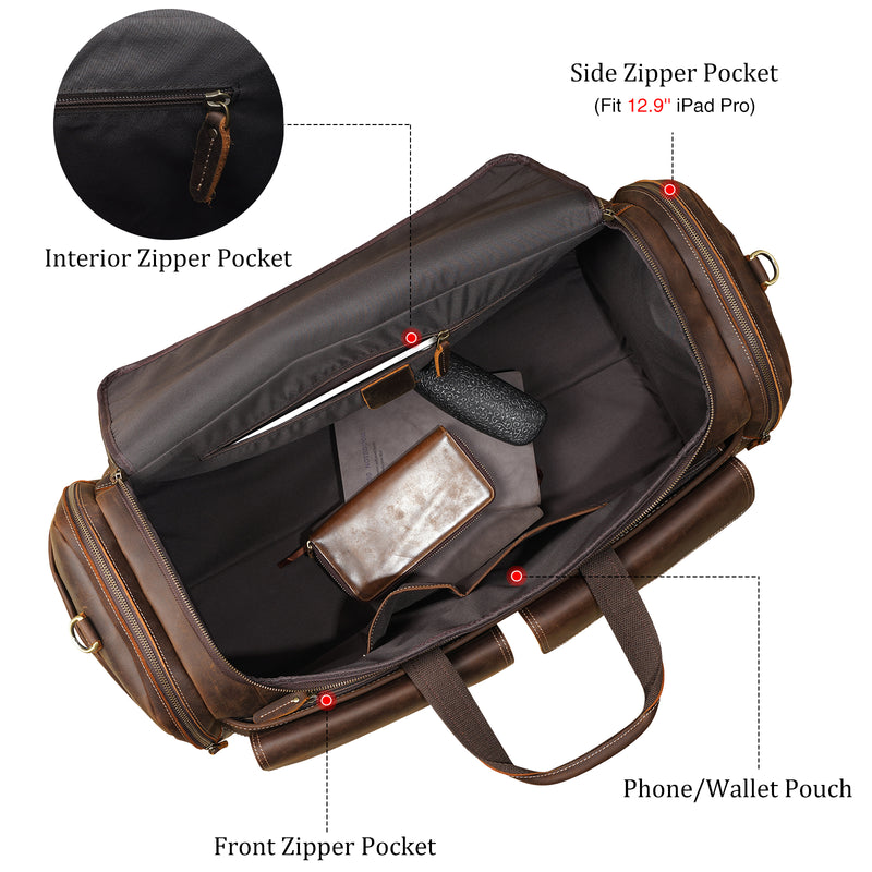 Polare Full Grain Leather Large Duffle Weekender Overnight Travel Bag (Inside)