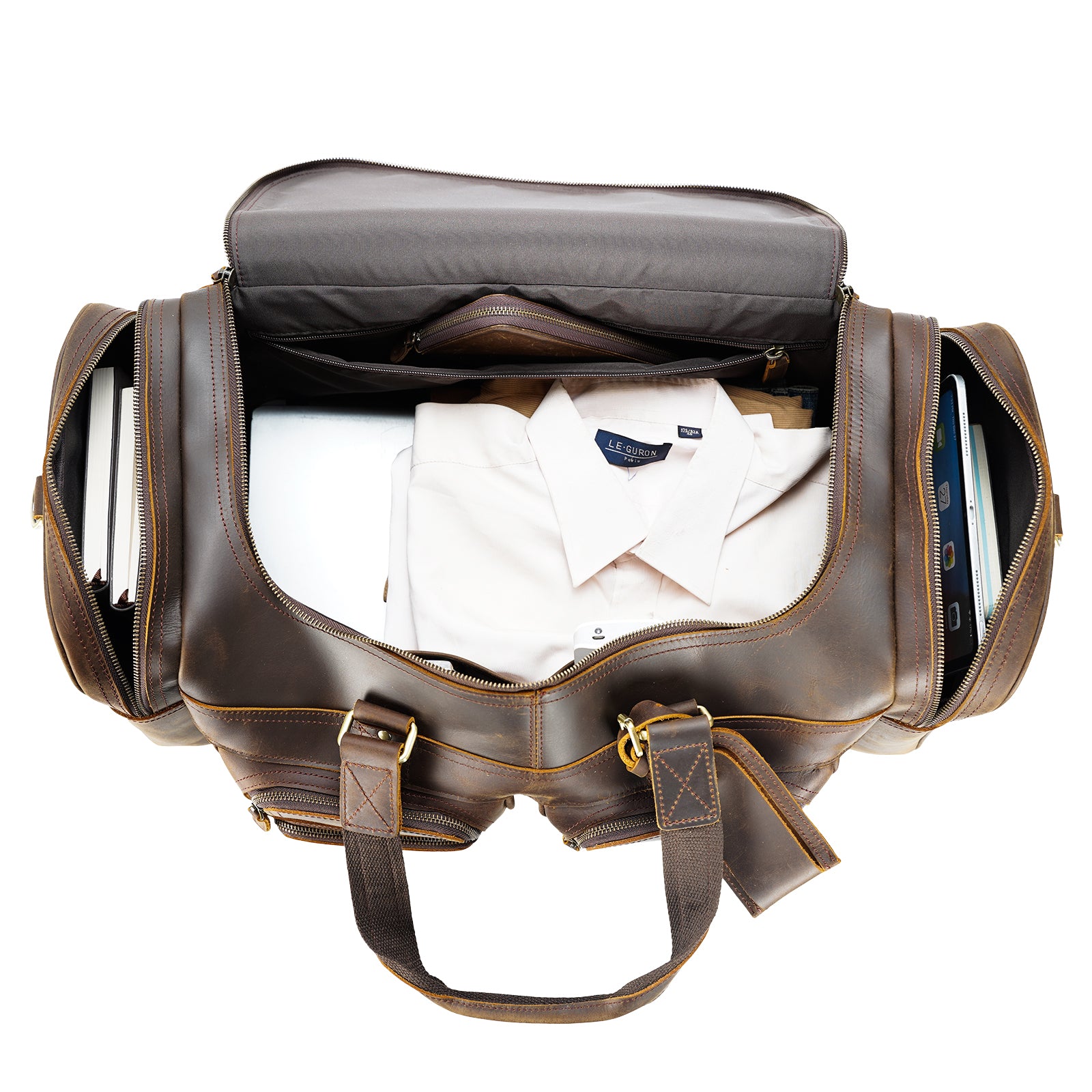 Polare 23" Full Grain Leather Duffel Weekender Travel Bag (Inside)