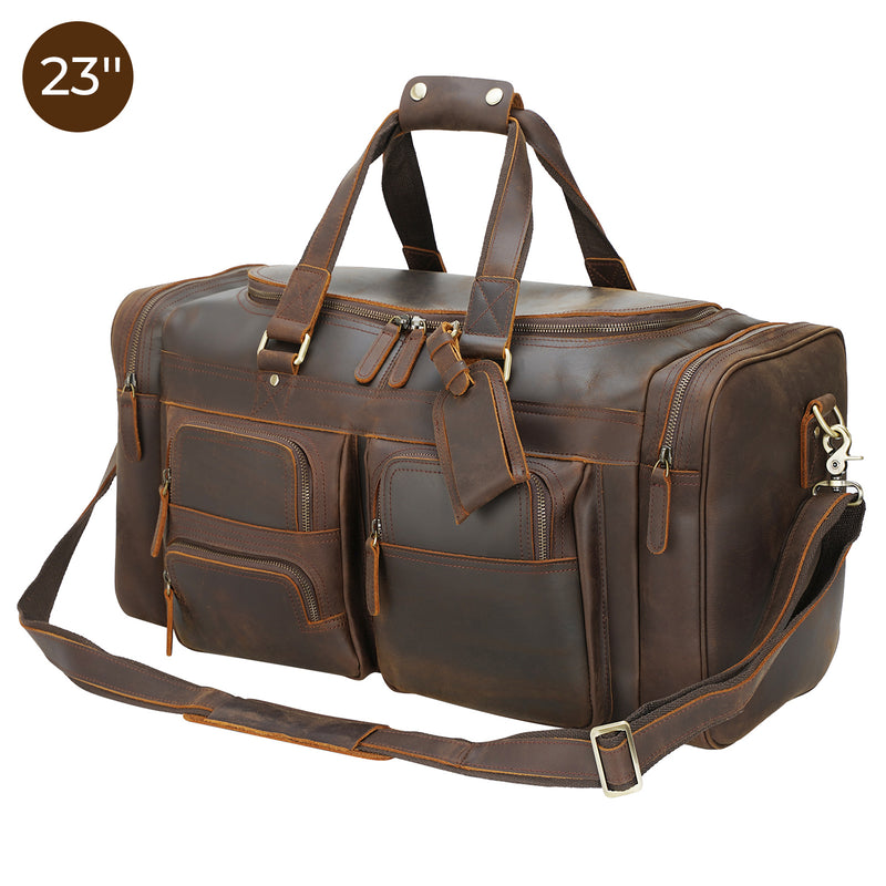 Polare 23"/26" Leather Duffel Weekender Travel Bag For Men With Full Grain Cowhide Leather 42L/56L