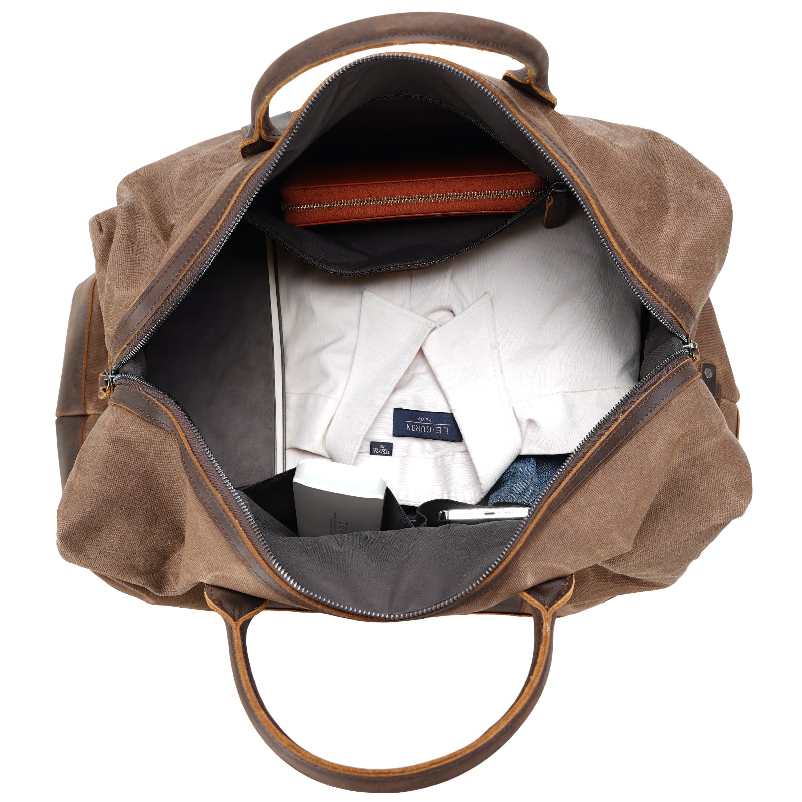 Polare 23” Cowhide Leather Waterproof Waxed Canvas Travel Duffel Bag (Inside)