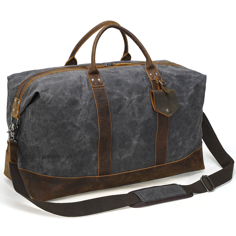 Polare 23"/20" Waterproof Travel Duffel Bag Waxed Canvas Cowhide Leather Trim Luggage Weekender Overnight Carry on Bag for Gym 55L/40L