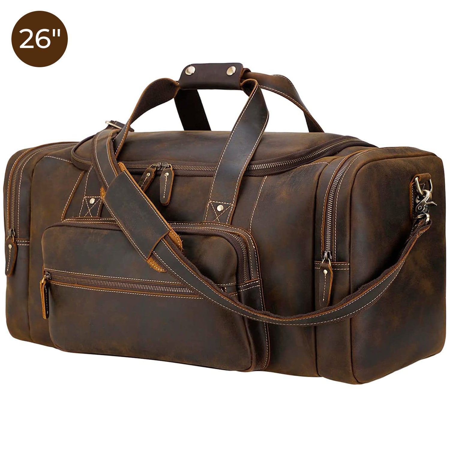 Polare 26" Full Grain Leather Gym Weekender Overnight Travel Duffel Bag