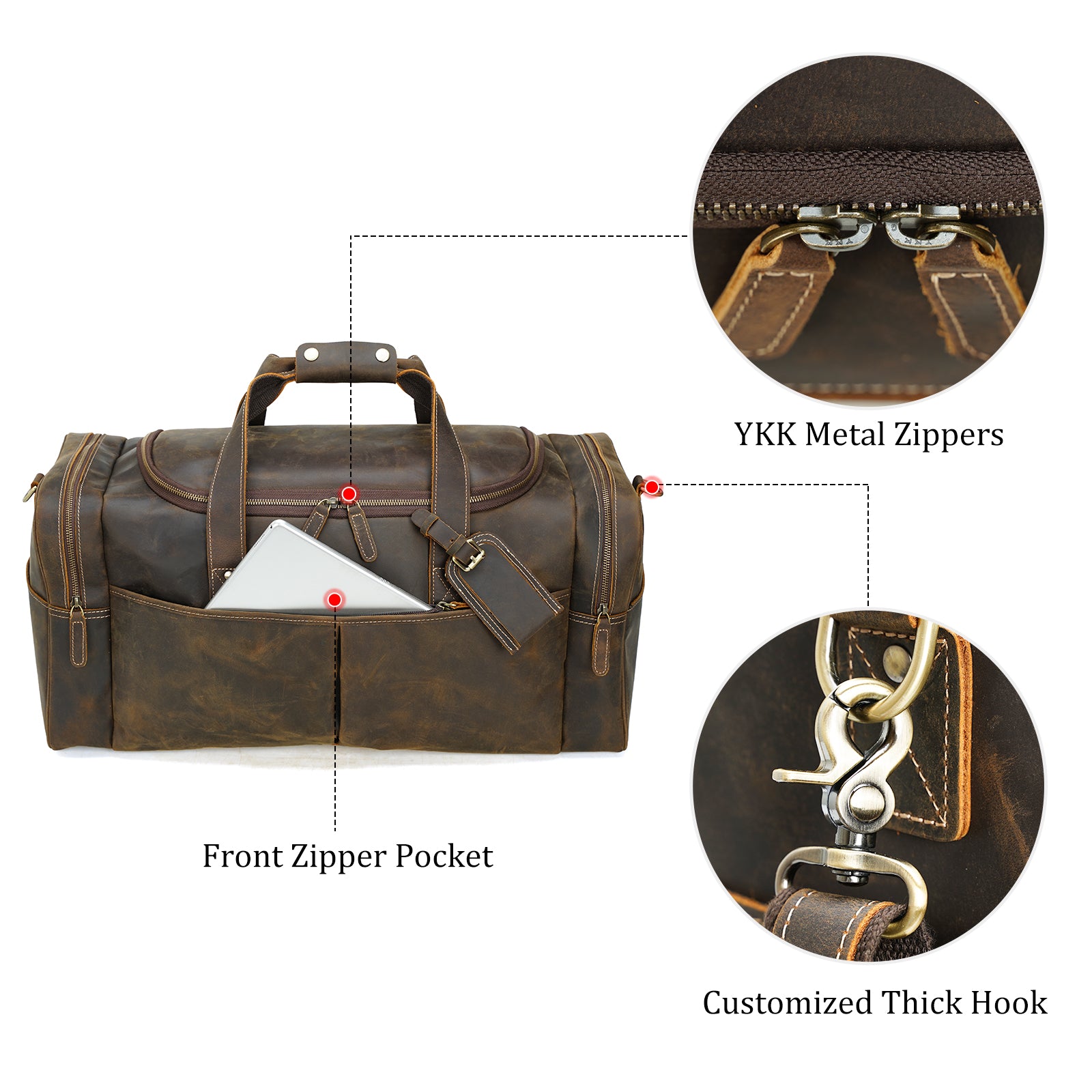 Polare 24 Inch Full Grain Leather Travel Sports Weekender Duffel Bag (Details)