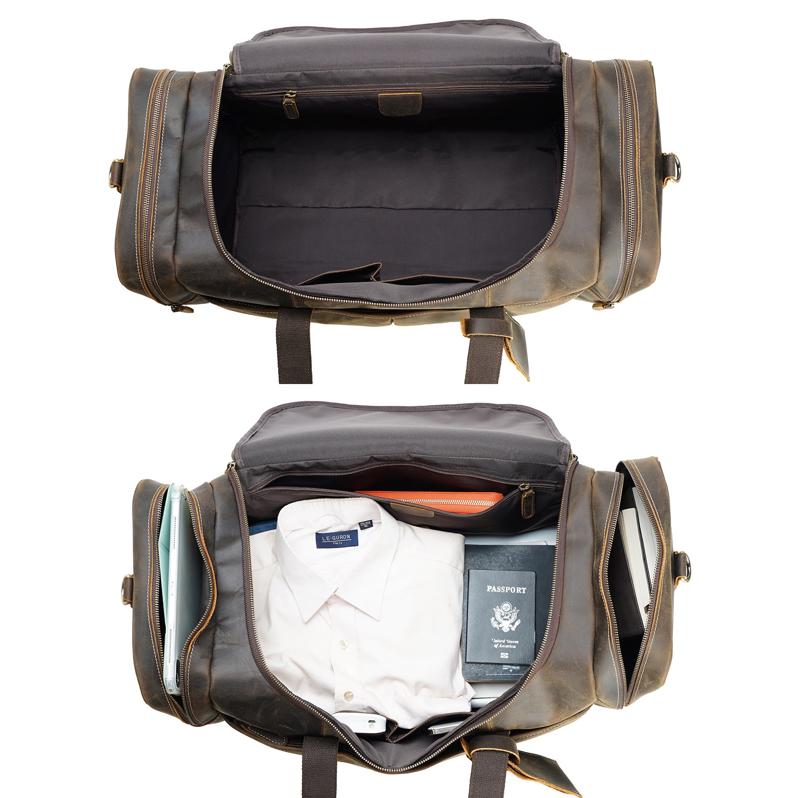 Polare 24 Inch Full Grain Leather Travel Sports Weekender Duffel Bag (Inside)