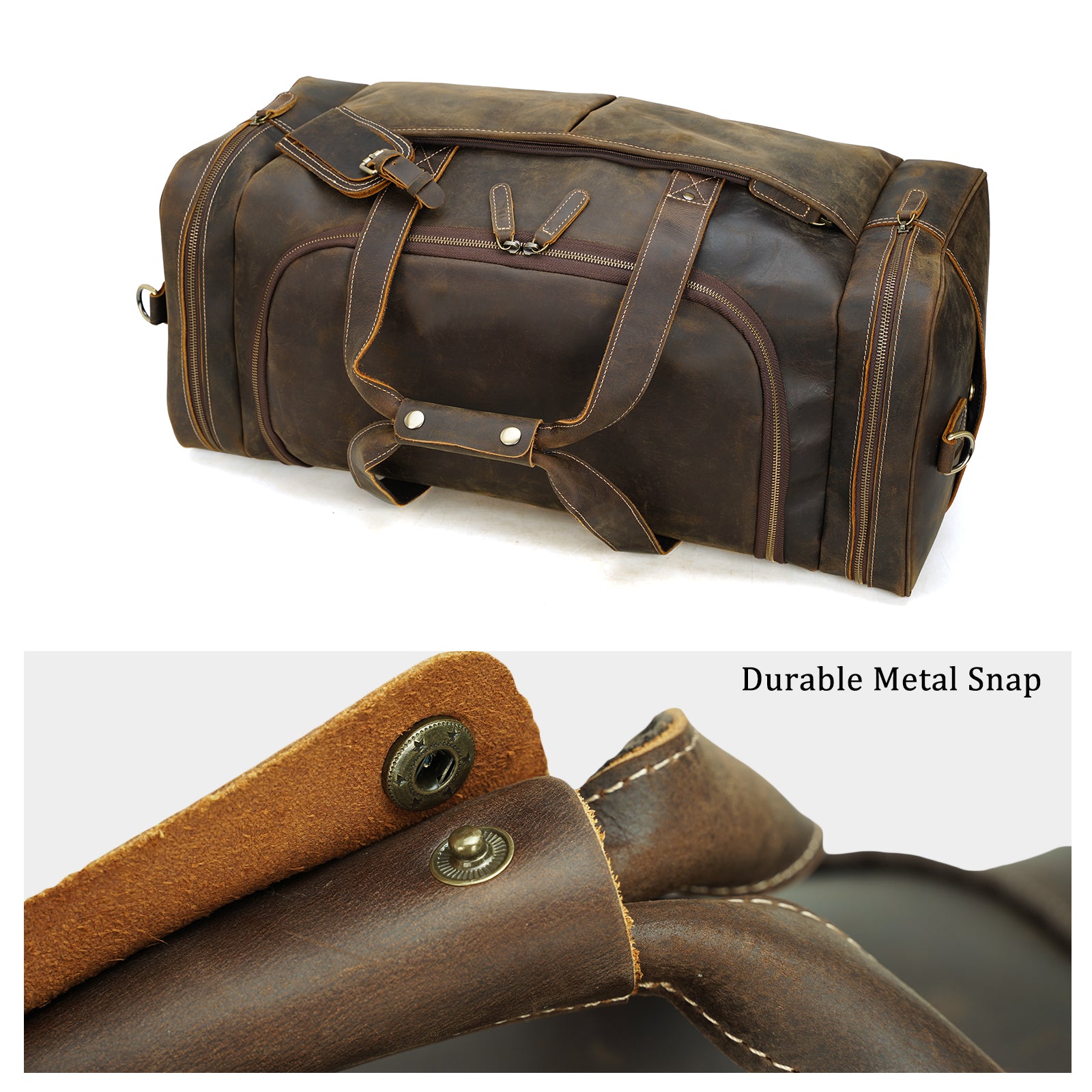 Polare 24 Inch Full Grain Leather Travel Sports Weekender Duffel Bag (Top)